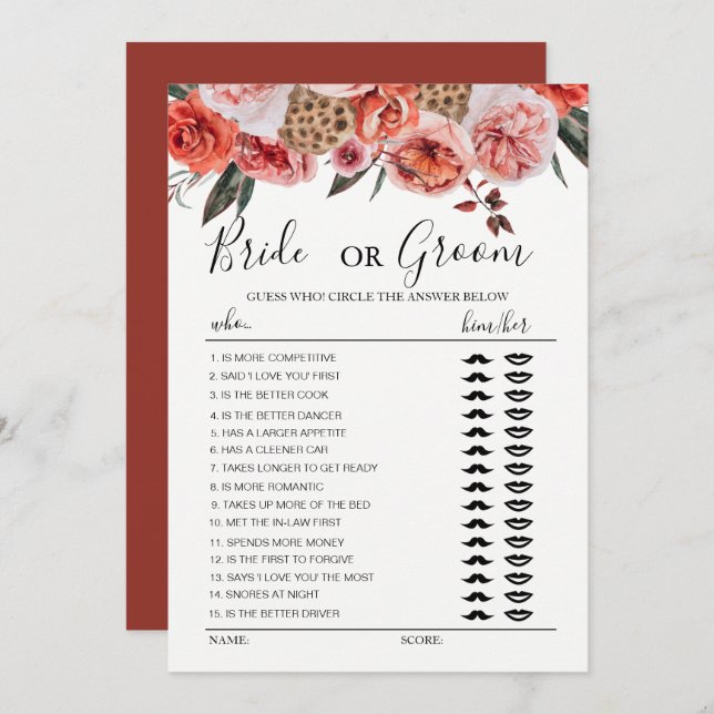 Boho terracotta flowers bride or groom game invitation (Front/Back)
