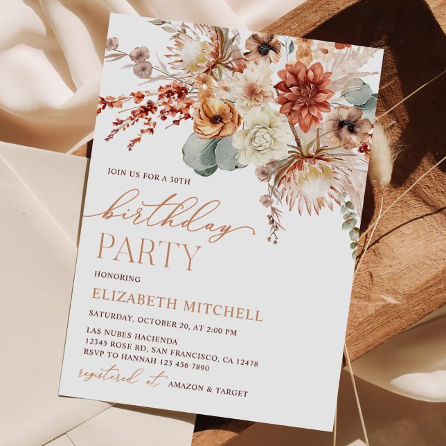 Boho Terracotta Flowers Fall Birthday Party Invitation (Creator Uploaded)