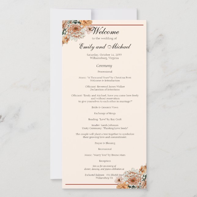 Boho Terracotta Lush Fall Floral Wedding Programme (Devant)