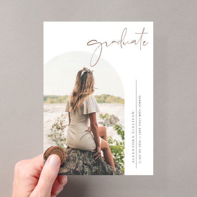 Boho Terracotta Minimalist Arch Photo Graduation Acrylic Invitations (Insitu (Handheld))