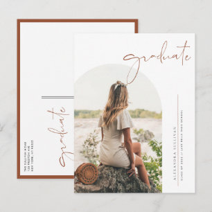 Boho Terracotta Minimalist Arch Photo Graduation Announcement Postcard