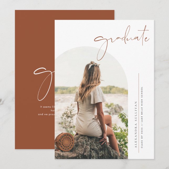 Boho Terracotta Minimalist Arch Photo Graduation Invitation (Front/Back)