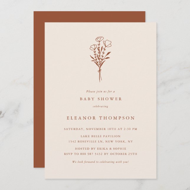 Boho Terracotta Minimalist Floral Baby Shower Invitation (Front/Back)