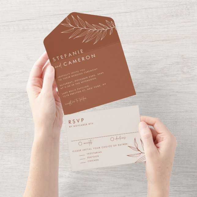 Boho Terracotta Minimalist Foliage Wedding All In One Invitation (Tearaway)