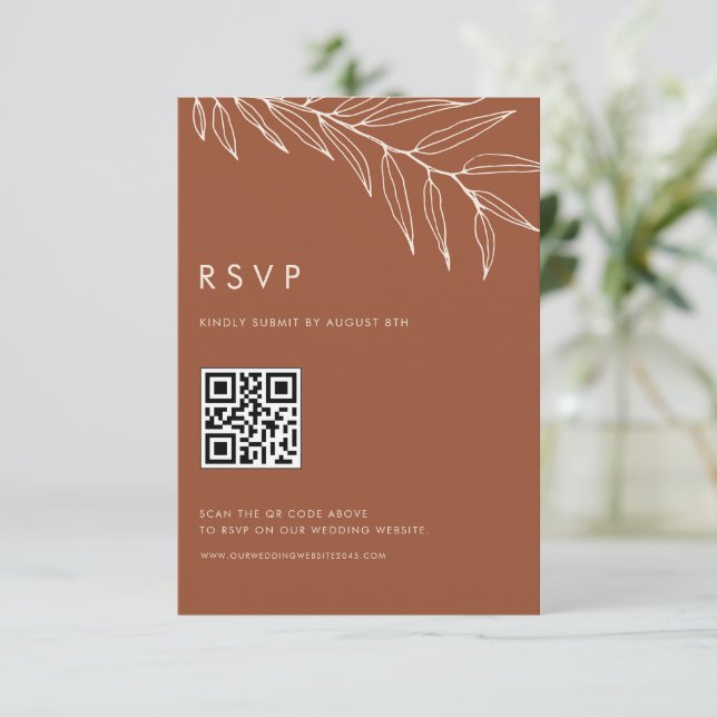 Boho Terracotta Minimalist Foliage Wedding QR Code RSVP Card (Standing Front)