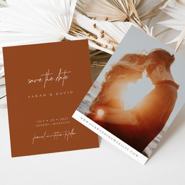 Boho Terracotta Modern Script Photo Save the Date (Creator Uploaded)