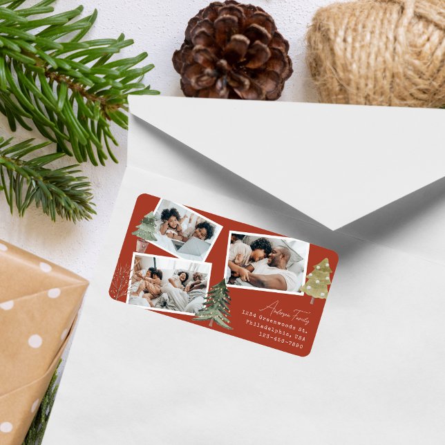 Boho Terracotta Multiphoto Christmas Pine Tree  Label (Creator Uploaded)