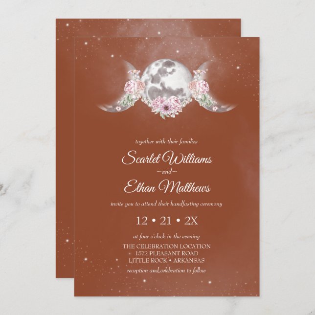 Boho Terracotta Mystical Moon Phases Handfasting Invitation (Front/Back)