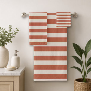Boho Terracotta Orange and Sand Cabana Stripe  Bath Towel Set