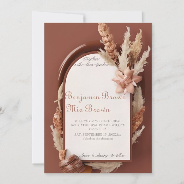 Boho Terracotta Pampas Faire-part de mariage d'her (Devant)
