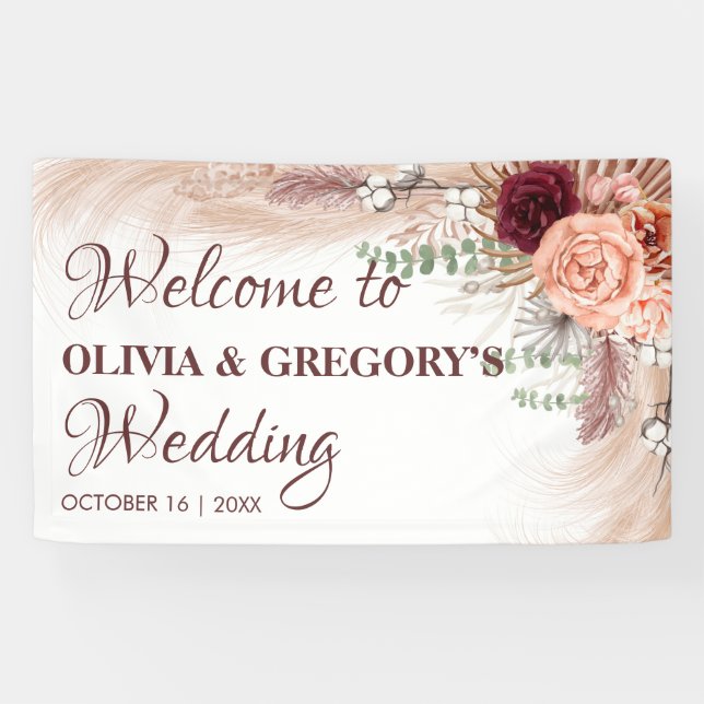 Boho Terracotta Pampas Floral Burgundy Wedding  Banner (Horizontal)