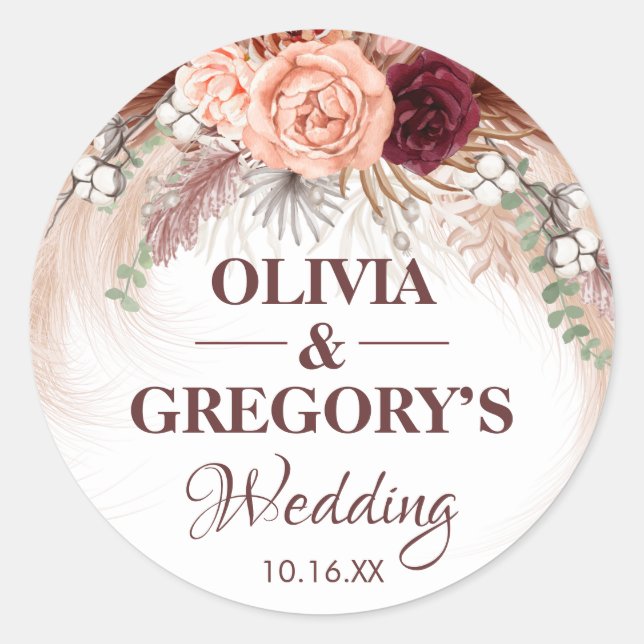 Boho Terracotta Pampas Floral Burgundy Wedding Classic Round Sticker (Front)