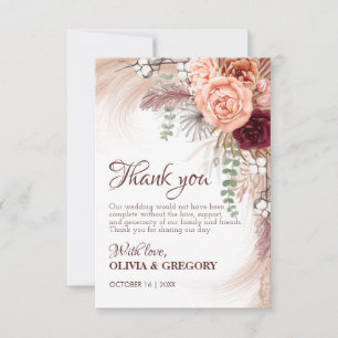 Boho Terracotta Pampas Floral Burgundy Wedding Thank You Card