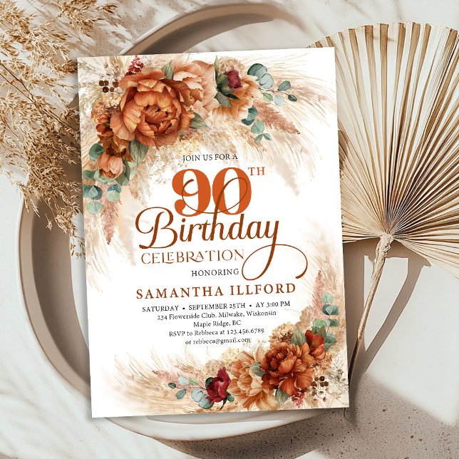 Boho terracotta pampas grass 90th Birthday invite (Boho terracotta pampas grass 90th Birthday invite)