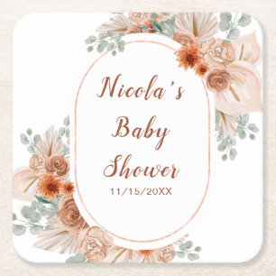 Boho Terracotta Pampas Grass Baby Shower Square Paper Coaster