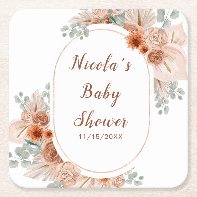 Boho Terracotta Pampas Grass Baby Shower Square Paper Coaster (Front)