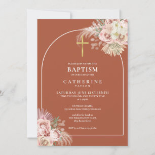 Boho Terracotta Pampas Grass Baptism Christening Invitation