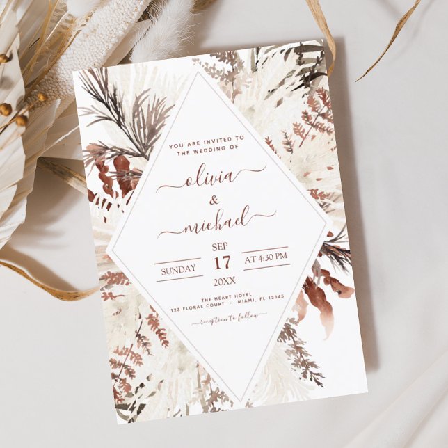 Boho Terracotta Pampas Grass Beige Wedding Invitation (Creator Uploaded)