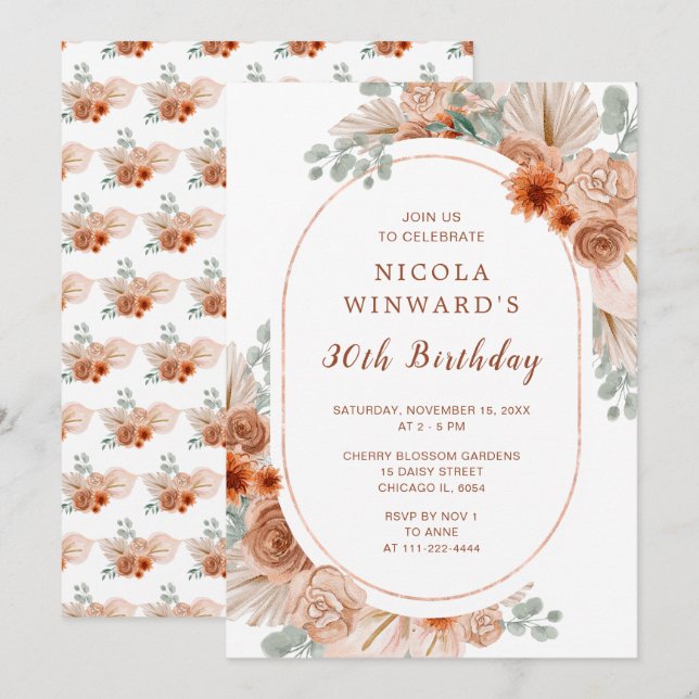 Boho Terracotta Pampas Grass Birthday Party Invitation (Front/Back)