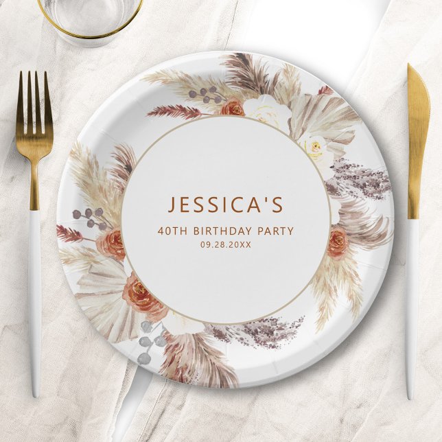 Boho Terracotta Pampas Grass Birthday Party Paper Plate (Creator Uploaded)