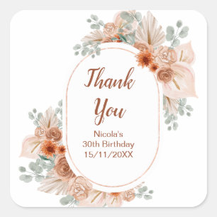 Boho Terracotta Pampas Grass Birthday Square Sticker