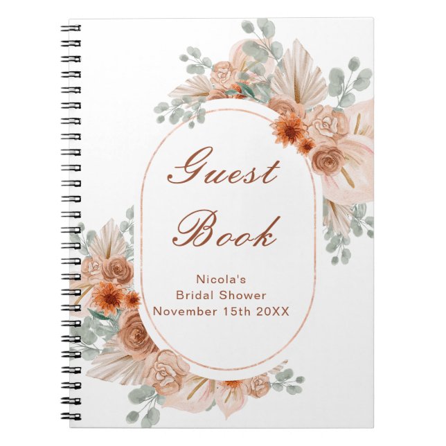 Boho Terracotta Pampas Grass Bridal Shower Guest  Notebook (Front)