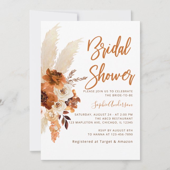 Boho Terracotta Pampas Grass Bridal Shower Invitation (Front)