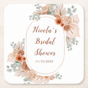 Boho Terracotta Pampas Grass Bridal Shower Square Paper Coaster