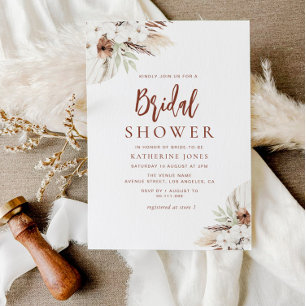  boho terracotta pampas grass floral bridal shower invitation