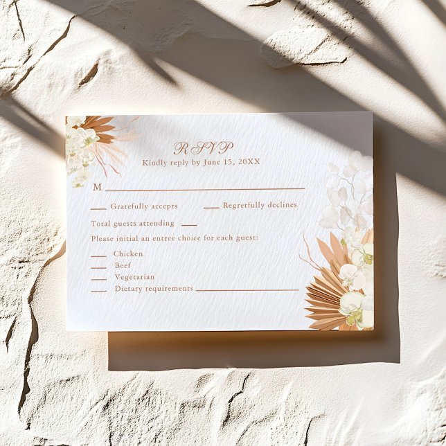 Boho Terracotta Pampas Grass Floral Wedding RSVP  Card (Boho Terracotta Pampas Grass Floral Wedding RSVP on a sunny rustic stone table.)