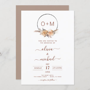 Boho Terracotta Pampas Grass Monogram Wedding Invi Invitation