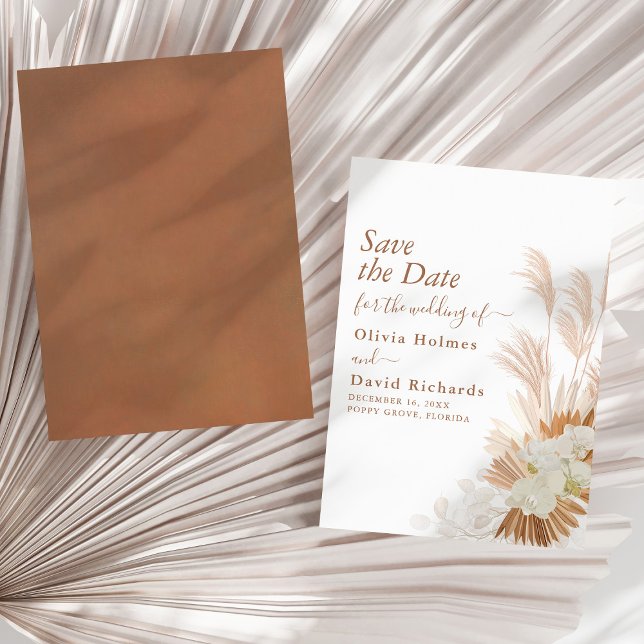 Boho Terracotta Pampas Grass Orchid Save the Date  (Boho Terracotta Pampas Grass and Orchids Wedding Save The Date on a sunny neutral dry palm leaf.)