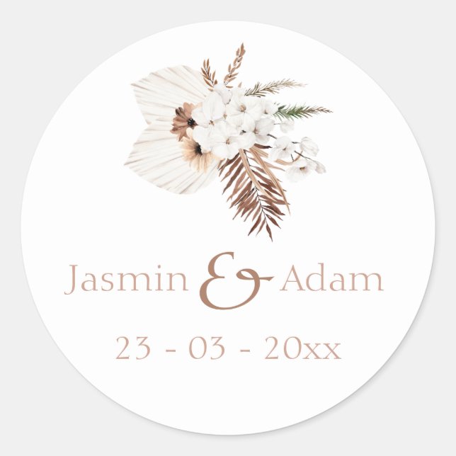 Boho Terracotta Pampas Grass Orchid Wedding  Classic Round Sticker (Front)