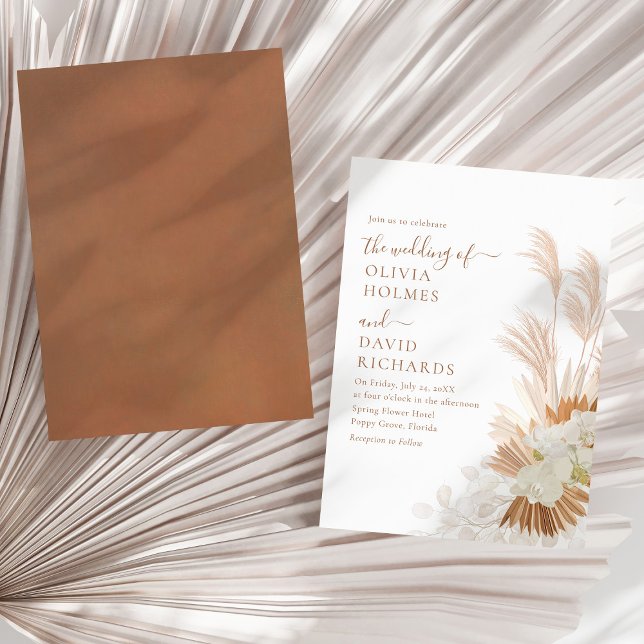 Boho Terracotta Pampas Grass Orchid Wedding Invitation (Boho Terracotta White Pampas Grass Orcids Wedding Invitation on a sunny neutral dry palm leaf.)