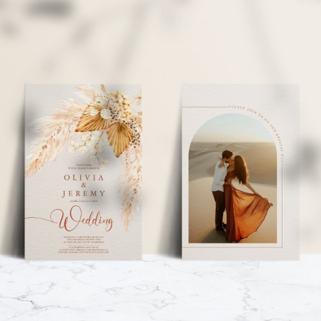Boho Terracotta Pampas Grass  Photo Wedding Invitation (Creator Uploaded)