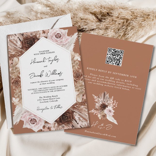 Boho Terracotta Pampas Grass QR Code RSVP Wedding Invitation (Creator Uploaded)