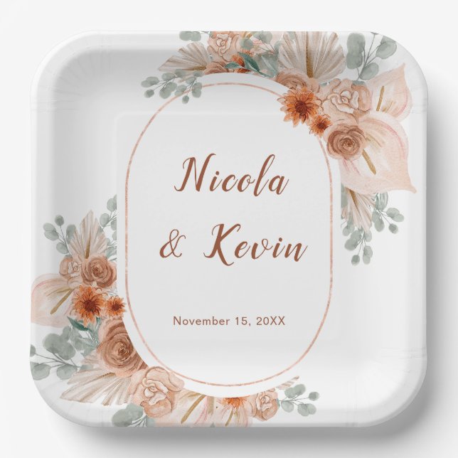 Boho Terracotta Pampas Grass wedding Paper Plate (Front)