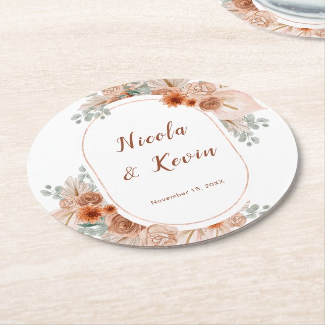 Boho Terracotta Pampas Grass Wedding Round Paper Coaster (Angled)