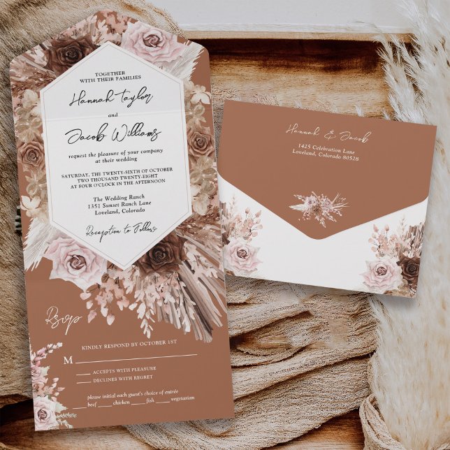 Boho Terracotta Pampas Grass with RSVP Wedding All In One Invitation (Creator Uploaded)