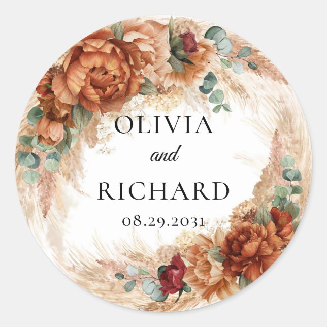 Boho terracotta pampas greenery copper floral classic round sticker (Front)