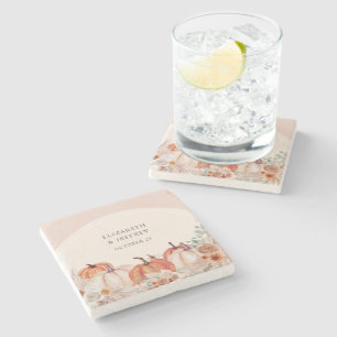 Boho Terracotta Pampas Pumpkins Fall Wedding Stone Coaster