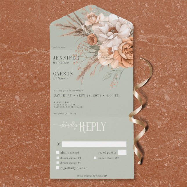 Boho Terracotta Peach & Cream Floral Green Dinner All In One Invitation (Boho Terracotta Peach & Cream Floral Green Dinner All In One Invitation)