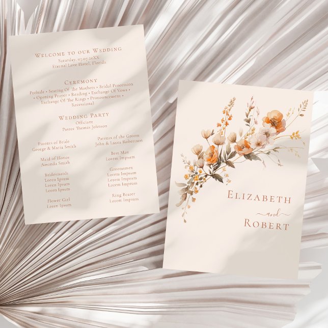 Boho Terracotta Programme Mariage de automne Fleur (Boho Terracotta Wildflowers Fall Wedding Program (front and back) on a sunny neutral dry palm leaf)