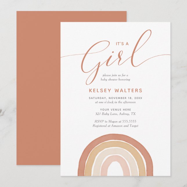 Boho Terracotta Rainbow Its a Girl Baby Shower Invitation (Front/Back)