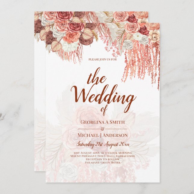 Boho Terracotta Rose Pampas Grass Floral Wedding Invitation (Front/Back)