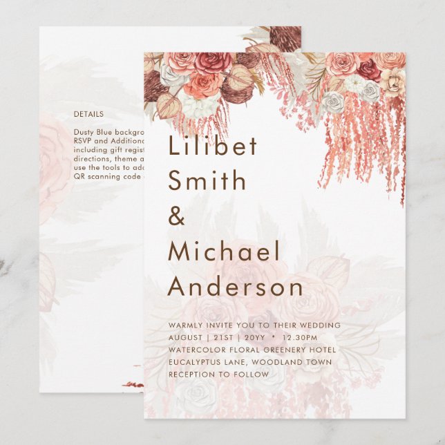 Boho Terracotta Rose Pampas Grass Floral Wedding Invitation (Front/Back)