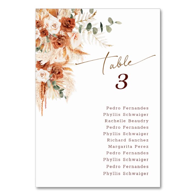 Boho Terracotta Rose Pampas Grass Wedding  Table Number (Front)