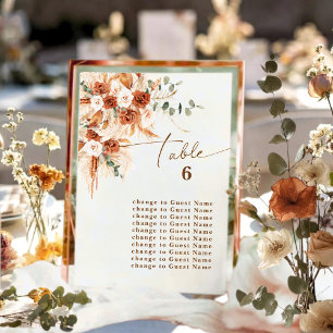 Boho Terracotta Rose Table 6 Seating Plan Card 