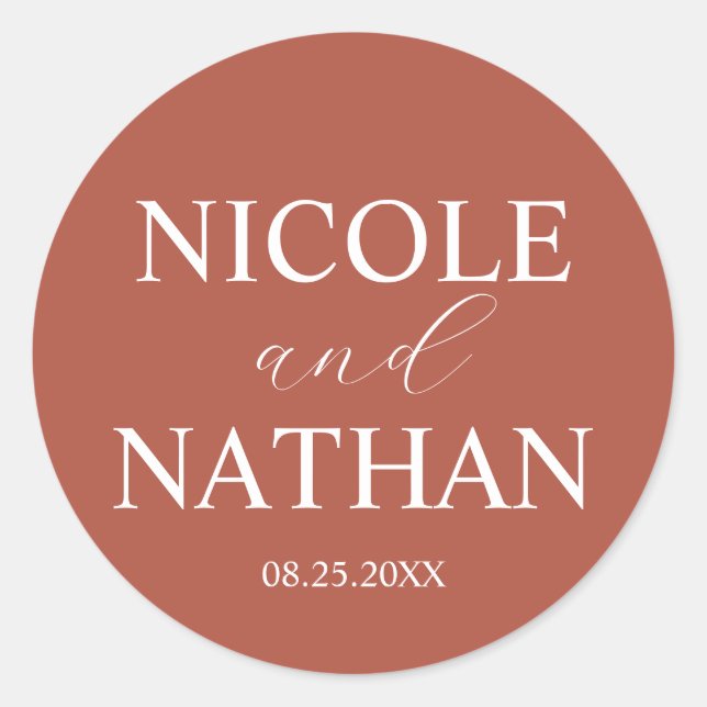 Boho Terracotta Rust Earth Tone Wedding  Classic Round Sticker (Front)