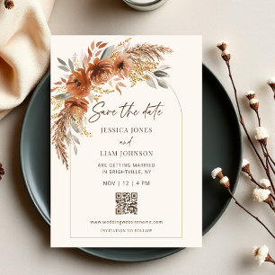 Boho Terracotta Rust Fall Floral Wedding QR Code Save The Date